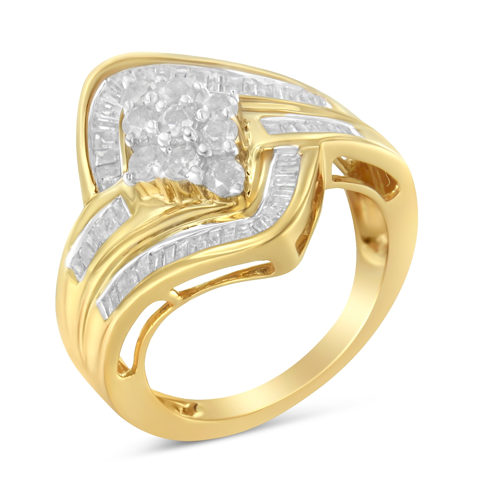 10K Yellow Gold over .925 Sterling Silver Diamond Bypass Cluster Ring (1 Cttw, I-J Color, I2-I3 Clarity) - Size 6-3/4