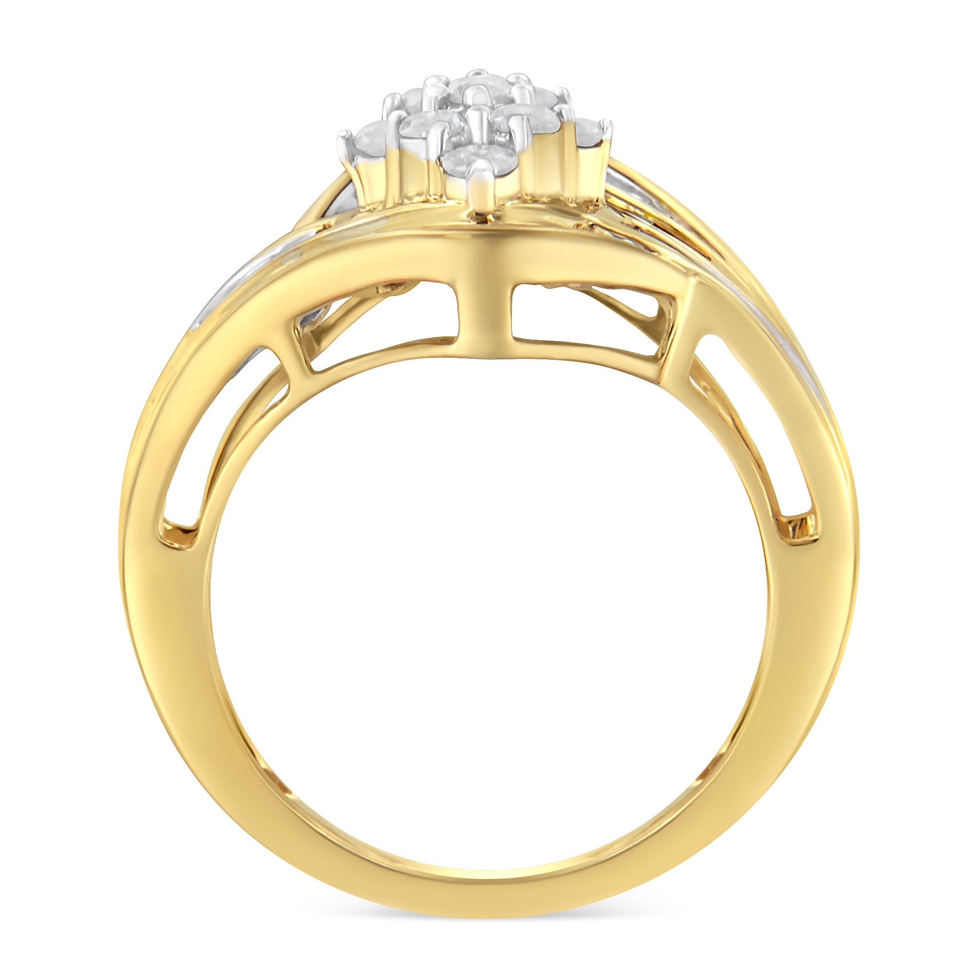 10K Yellow Gold over .925 Sterling Silver Diamond Bypass Cluster Ring (1 Cttw, I-J Color, I2-I3 Clarity) - Size 6-3/4