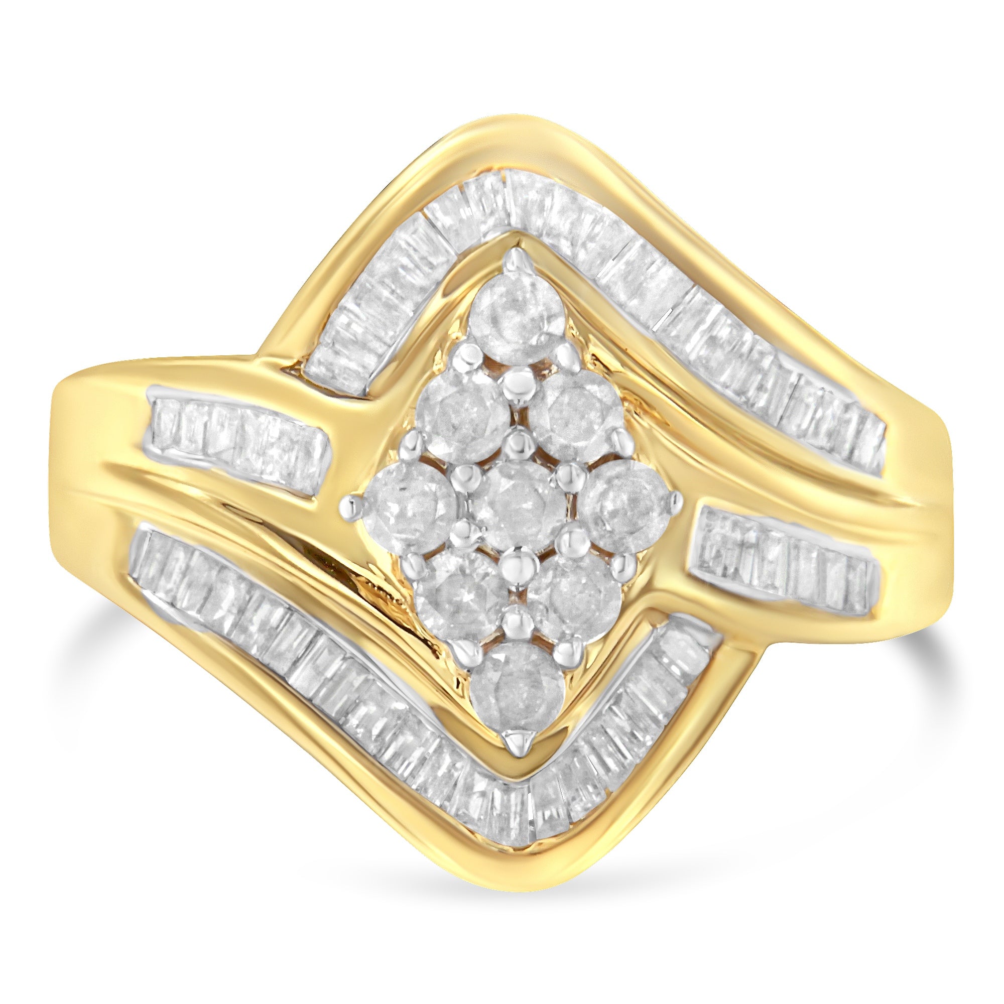 10K Yellow Gold over .925 Sterling Silver Diamond Bypass Cluster Ring (1 Cttw, I-J Color, I2-I3 Clarity) - Size 6-3/4
