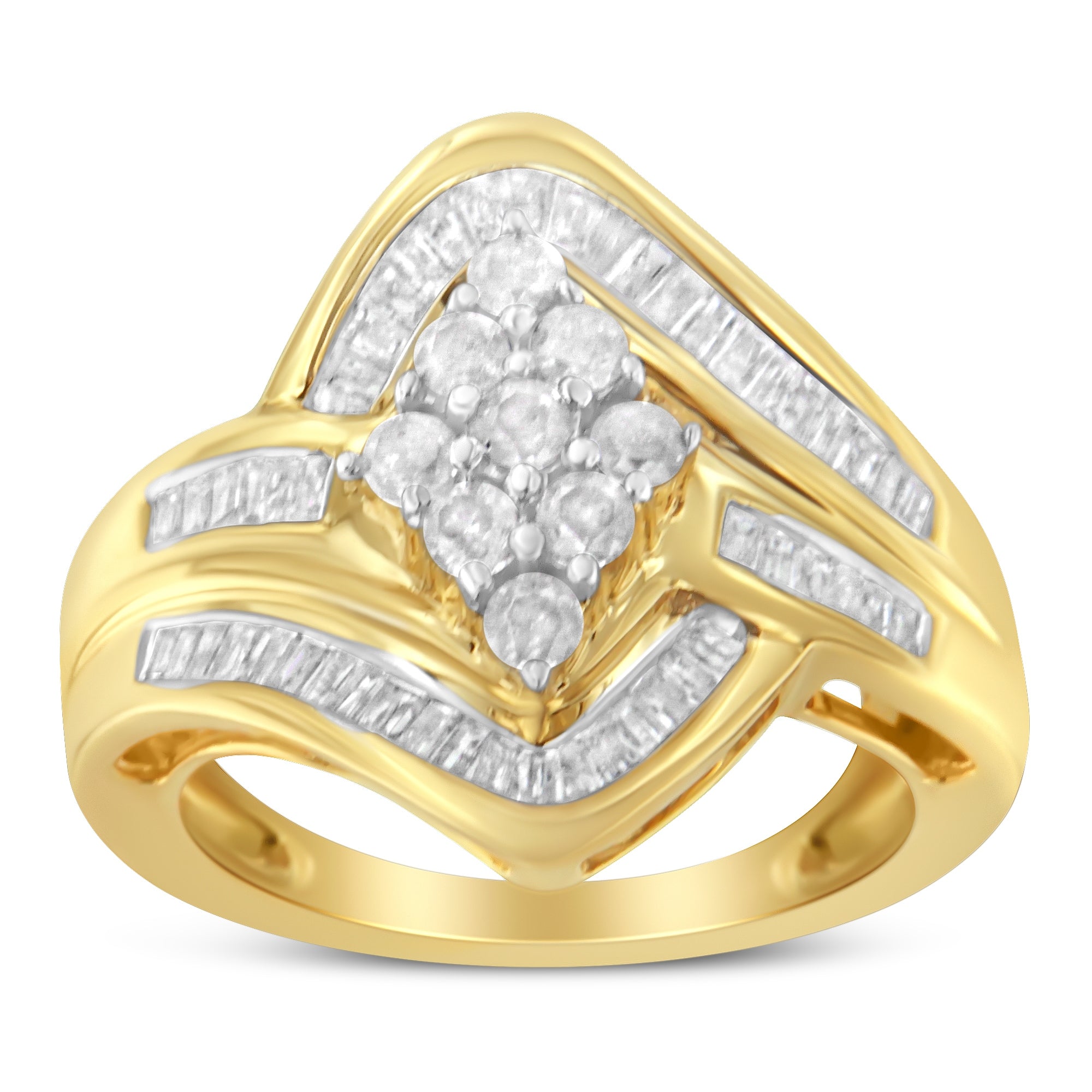 10K Yellow Gold over .925 Sterling Silver Diamond Bypass Cluster Ring (1 Cttw, I-J Color, I2-I3 Clarity) - Size 6-3/4