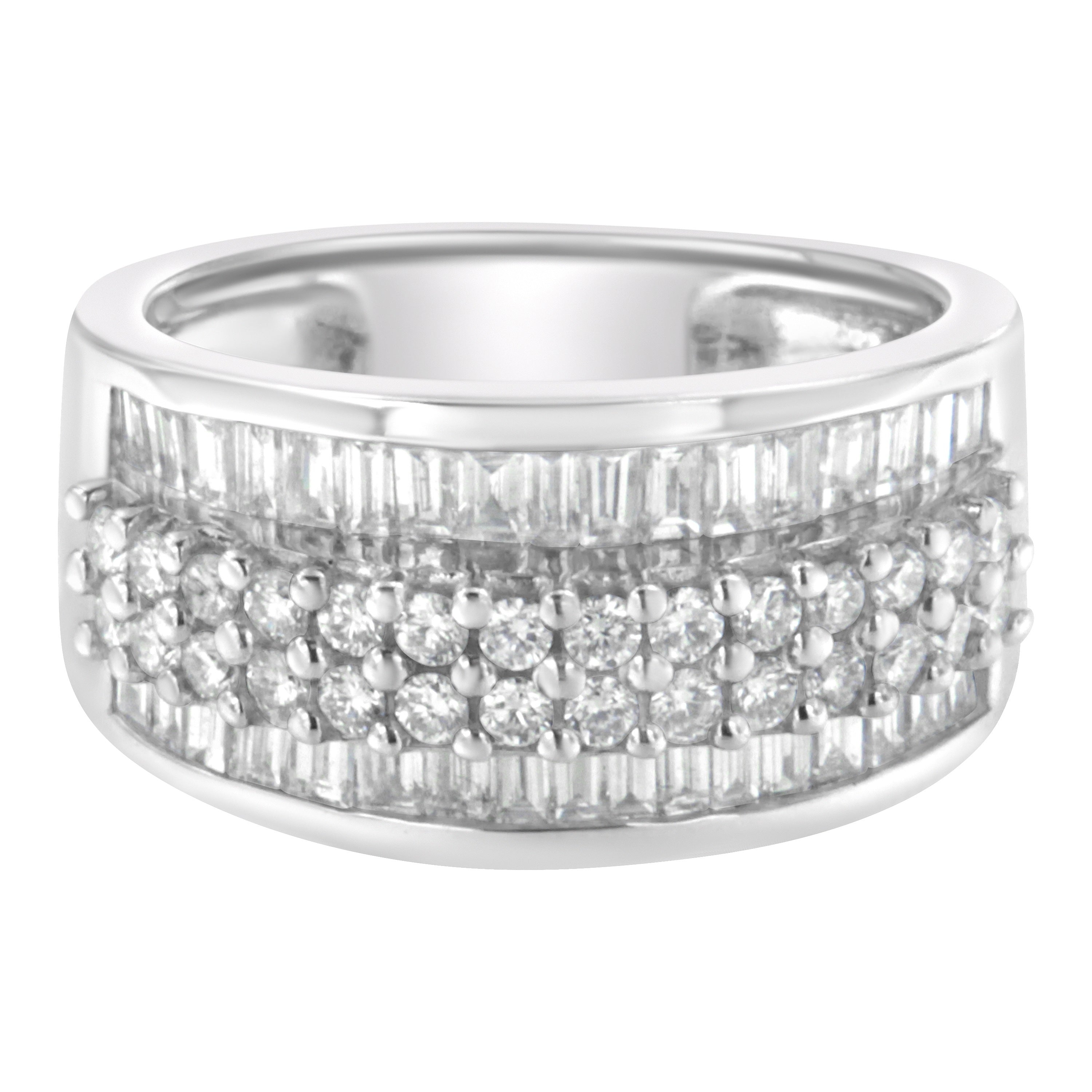 14K White Gold Round and Baguette Diamond Ring (1 1/2 Cttw, F-G Color, SI1-SI2 Clarity) - Size 8