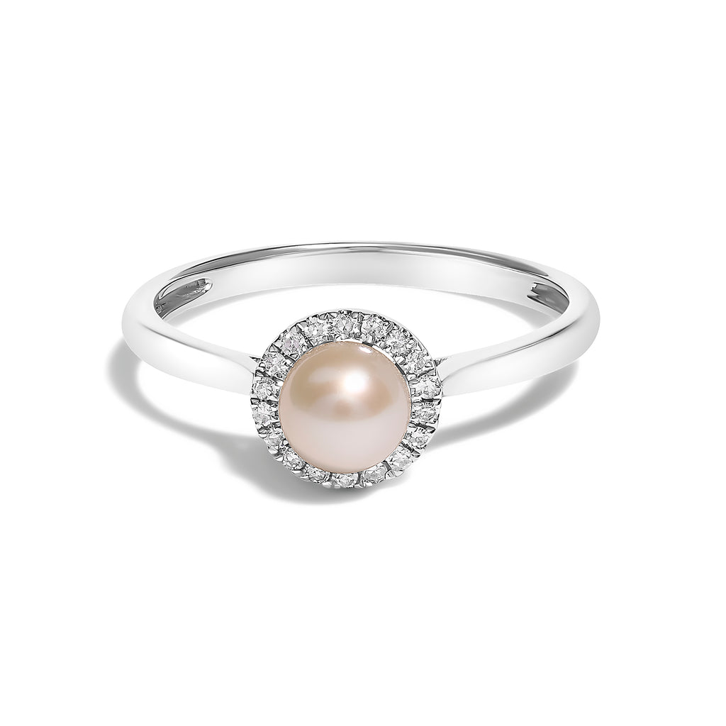 10K White Gold 5MM Cultured Freshwater Pearl  and Diamond Halo Ring (I-J Color, I1-I2 Clarity) - Ring Size 7.5