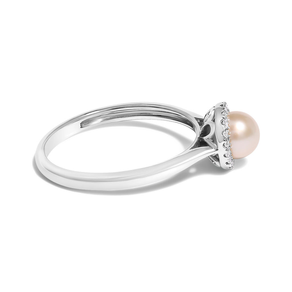 10K White Gold 5MM Cultured Freshwater Pearl  and Diamond Halo Ring (I-J Color, I1-I2 Clarity) - Ring Size 7.5