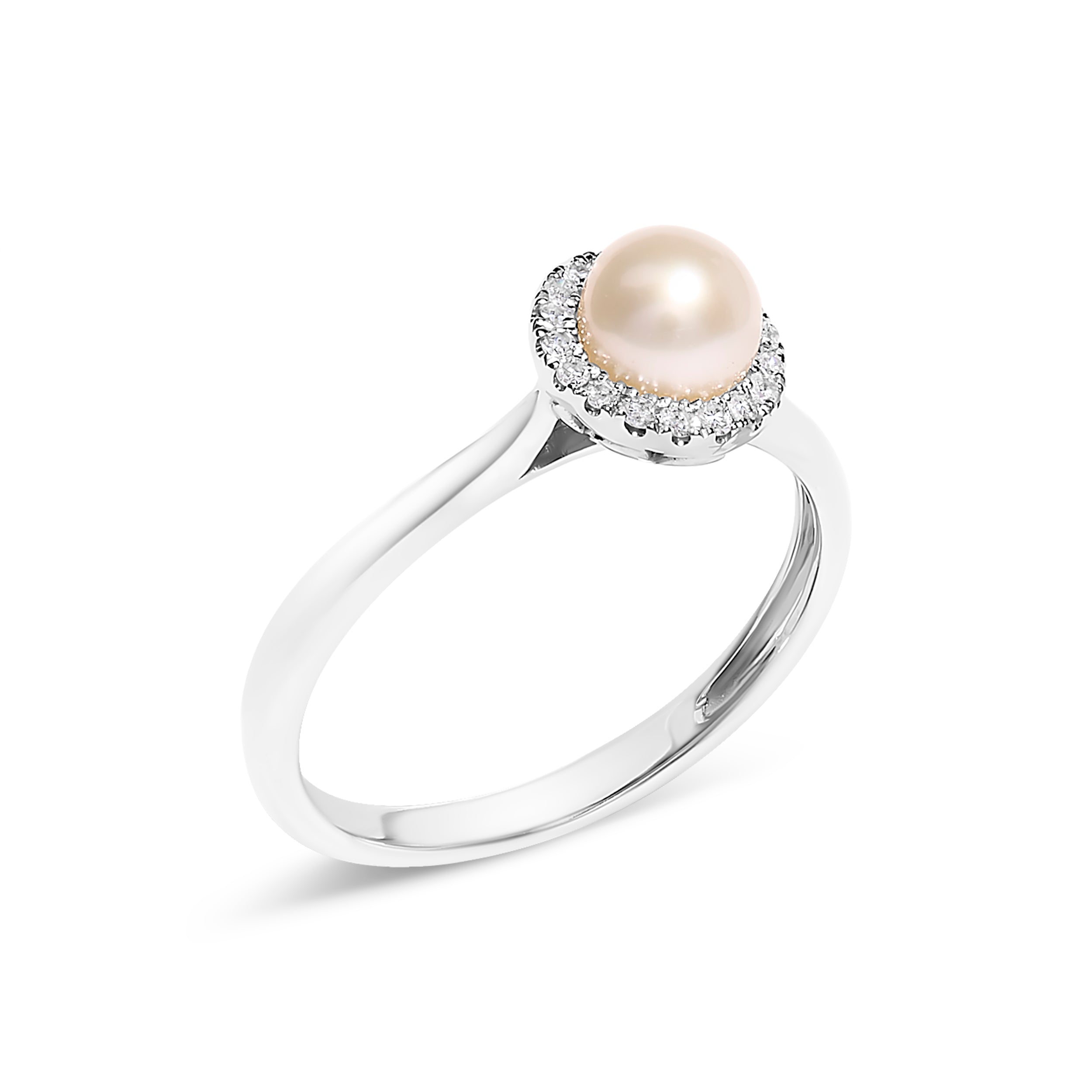 10K White Gold 5MM Cultured Freshwater Pearl  and Diamond Halo Ring (I-J Color, I1-I2 Clarity) - Ring Size 7.5