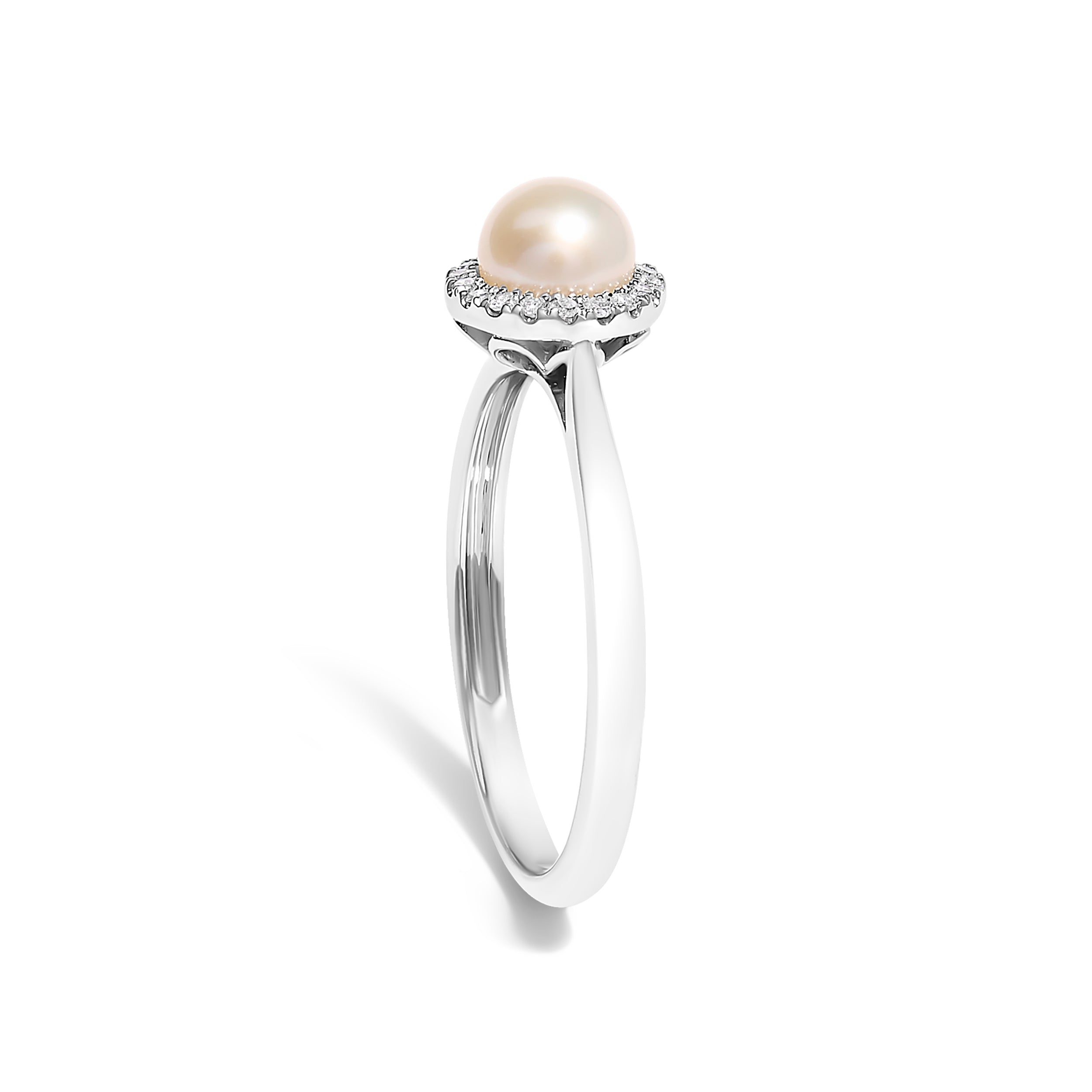 10K White Gold 5MM Cultured Freshwater Pearl  and Diamond Halo Ring (I-J Color, I1-I2 Clarity) - Ring Size 7.5