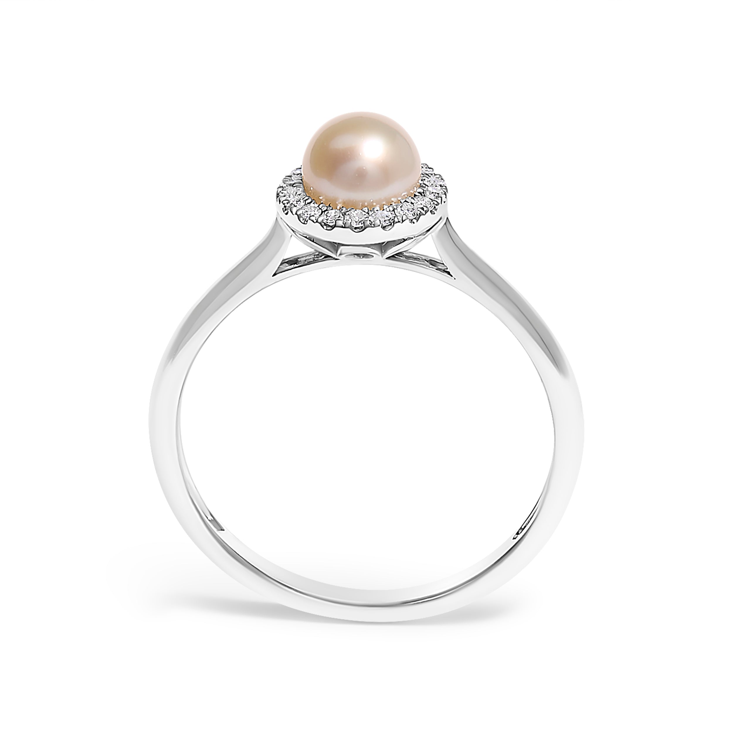10K White Gold 5MM Cultured Freshwater Pearl  and Diamond Halo Ring (I-J Color, I1-I2 Clarity) - Ring Size 7.5