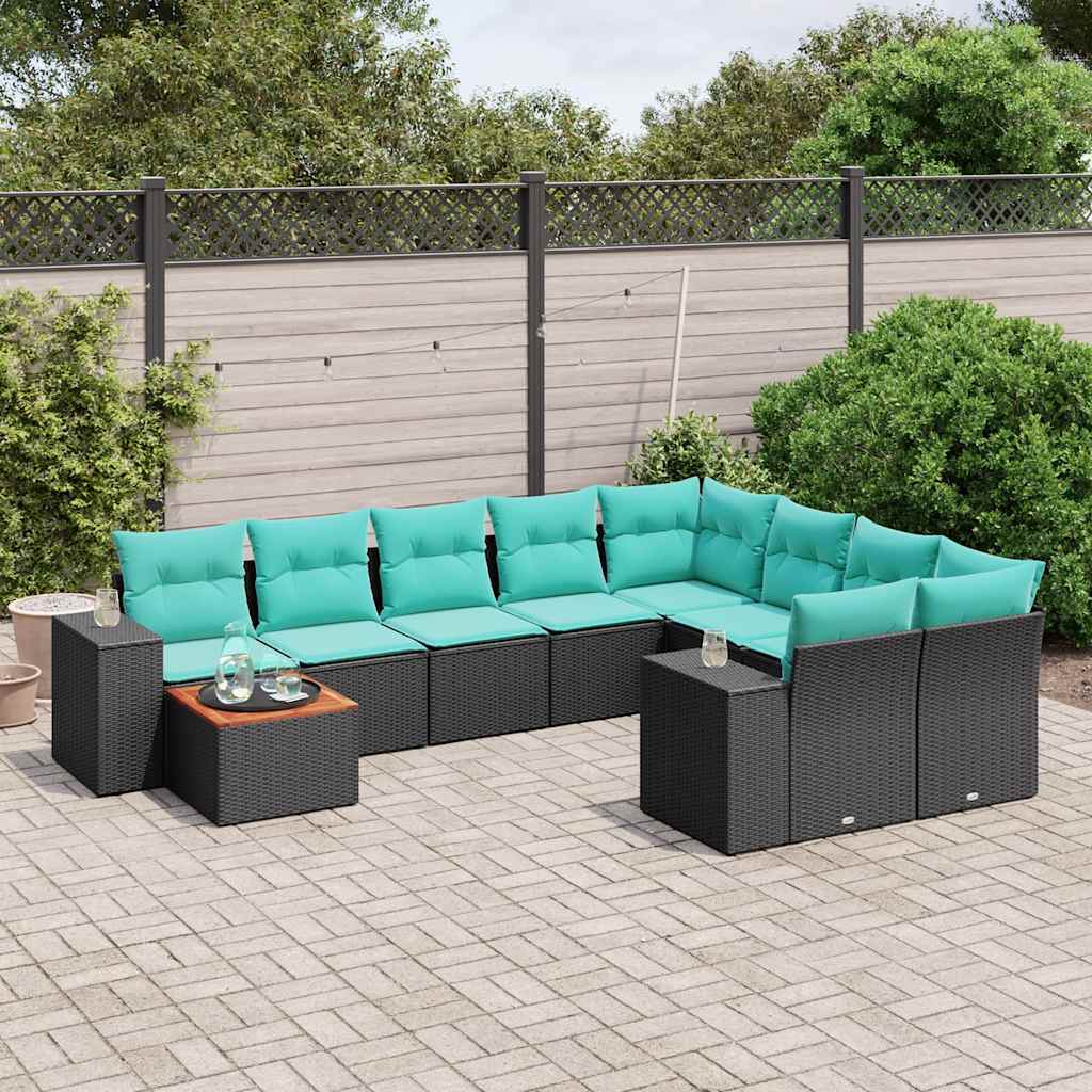 10 Piece Garden Sofa Set with Cushions Black Poly Rattan