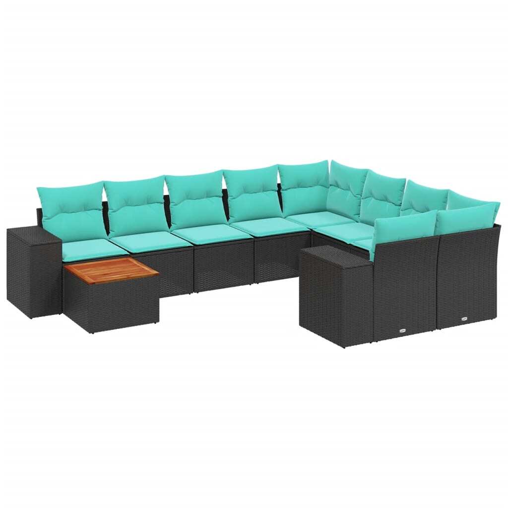 10 Piece Garden Sofa Set with Cushions Black Poly Rattan