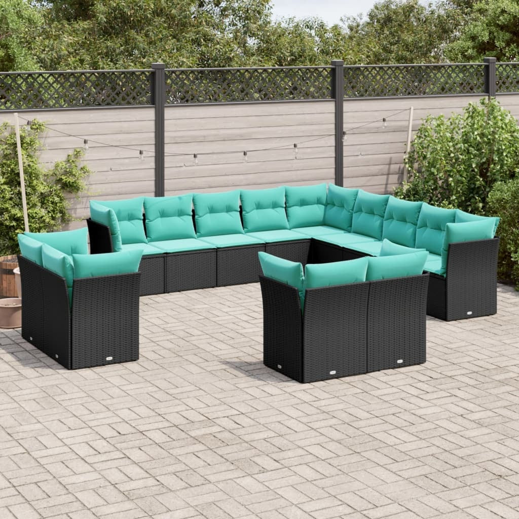 13 Piece Patio Sofa Set with Cushions Black Poly Rattan