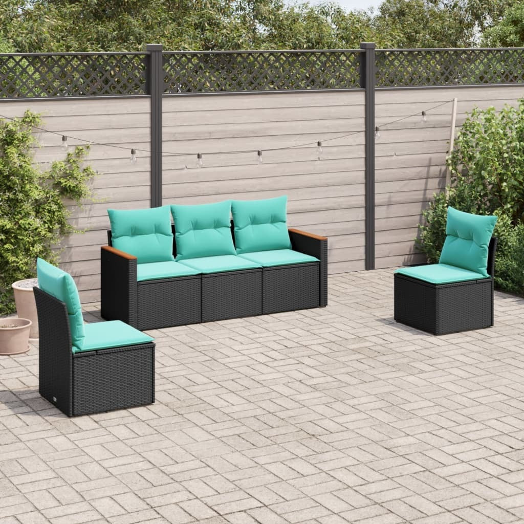 5 Piece Patio Sofa Set with Cushions Black Poly Rattan