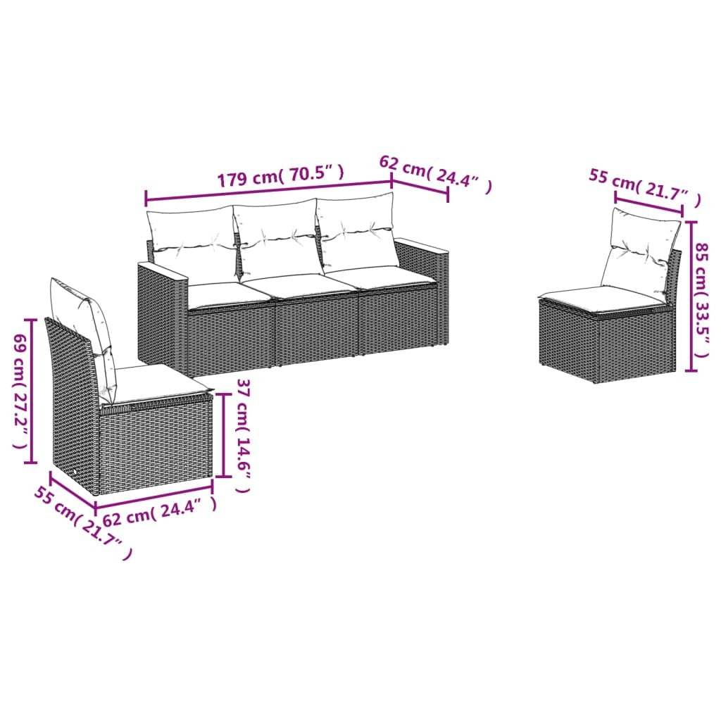 5 Piece Patio Sofa Set with Cushions Black Poly Rattan