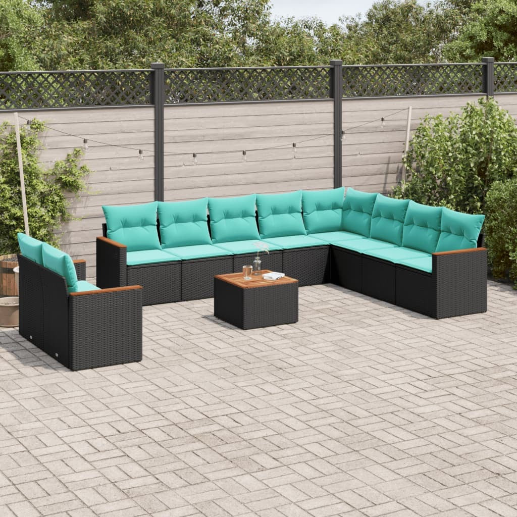 11 Piece Patio Sofa Set with Cushions Black Poly Rattan