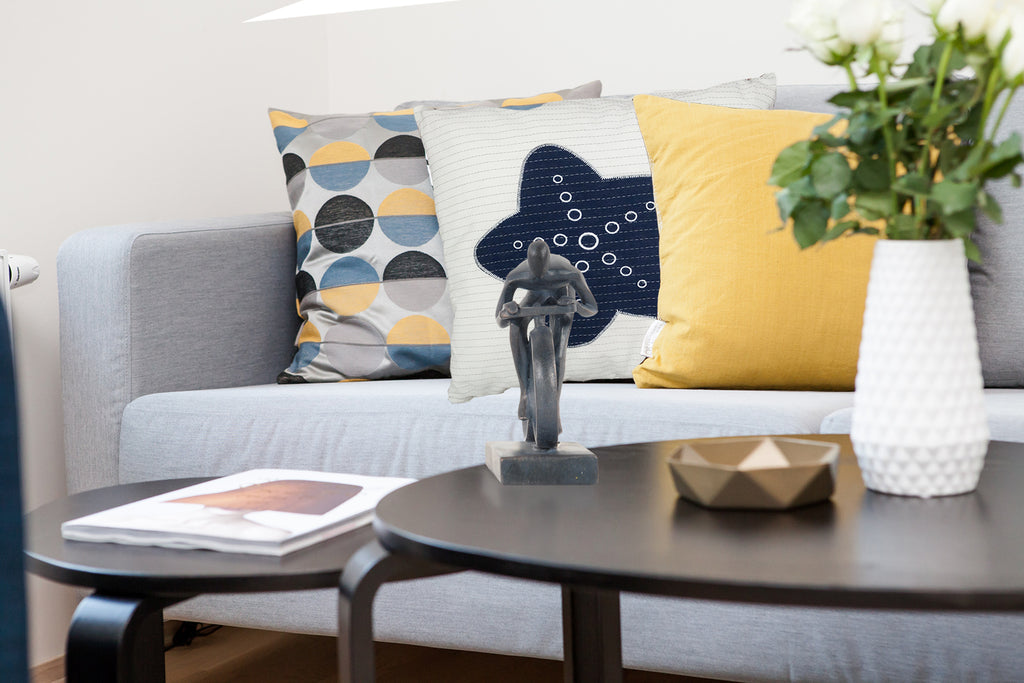 17" Blue and White Linen Throw Pillow