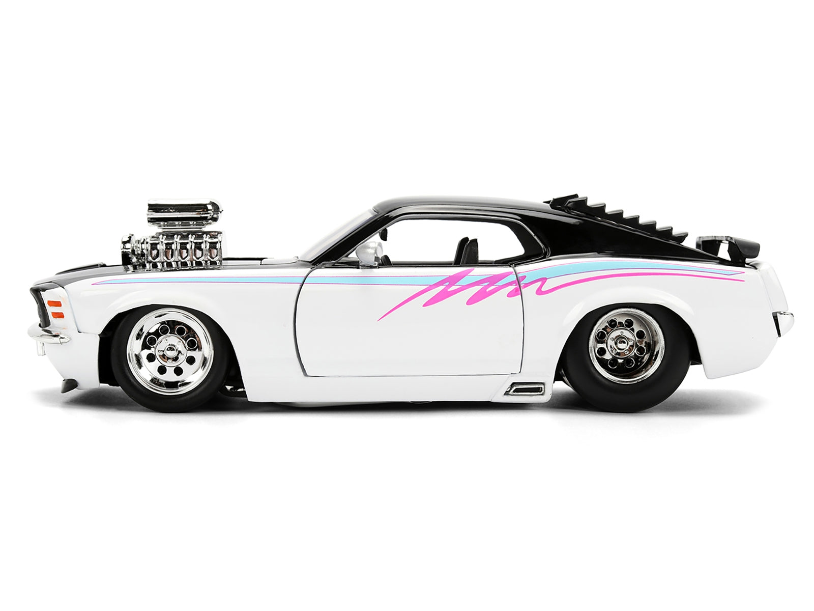 1970 Ford Mustang Boss 429 Black and White with Graphics "Bigtime Muscle" Series 1/24 Diecast Model Car by Jada