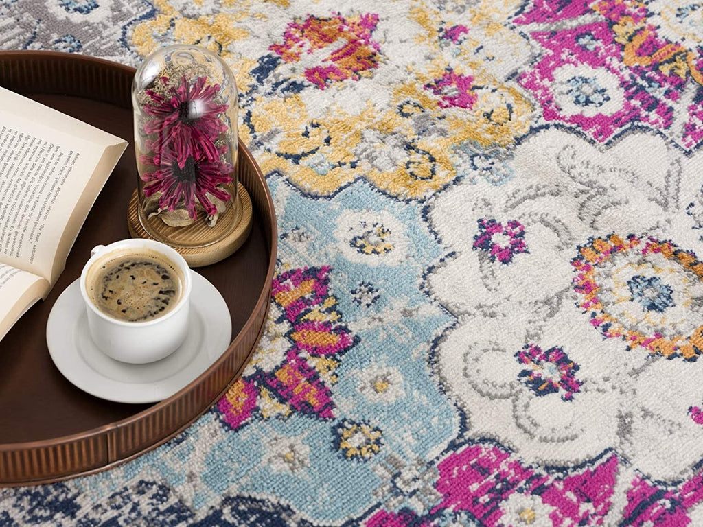 4' X 6' Blue and Ivory Floral Area Rug