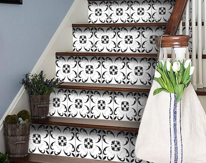 5" X 5" Black and White Delia Peel and Stick Removable Tiles