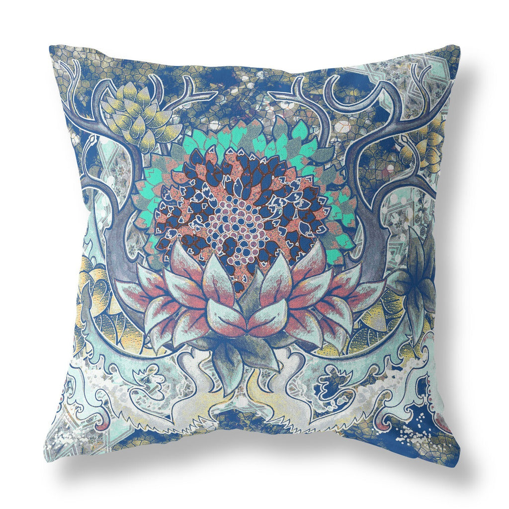 16" Blue Aqua Flower Bloom Suede Throw Pillow