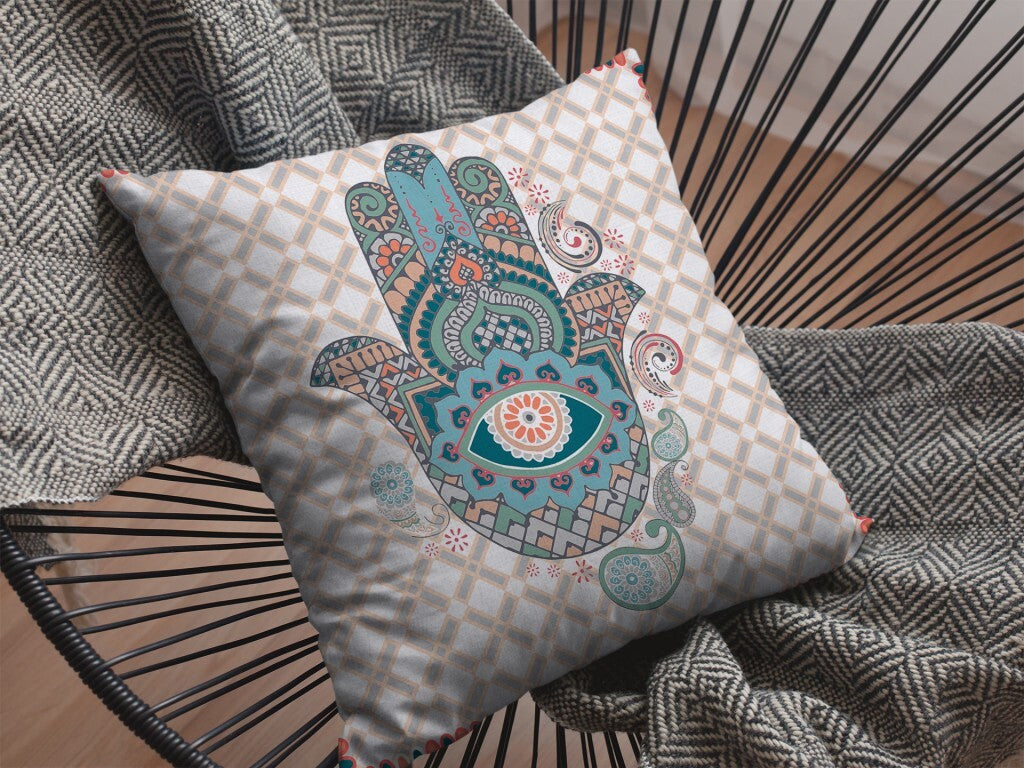 16" Blue Gray Hamsa Boho Suede Throw Pillow