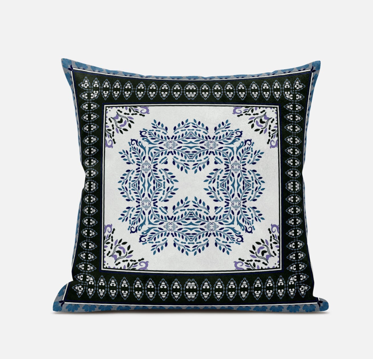 20" X 20" Black Ivory Blue Geometric Blown Seam Suede Throw Pillow