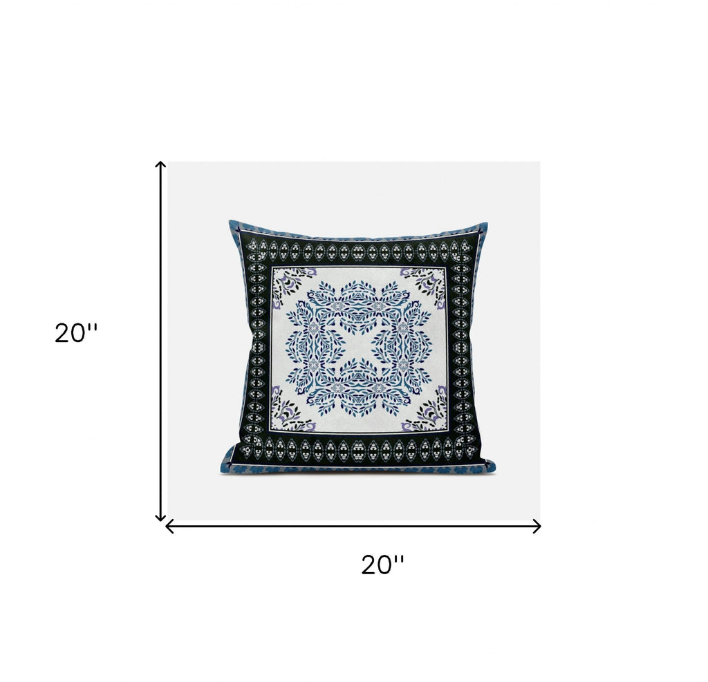 20" X 20" Black Ivory Blue Geometric Blown Seam Suede Throw Pillow