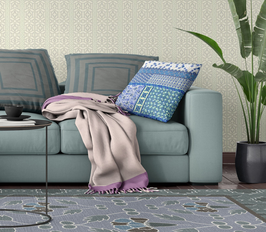 16"X16" Blue And White Microsuede Patchwork Blown Seam Pillow