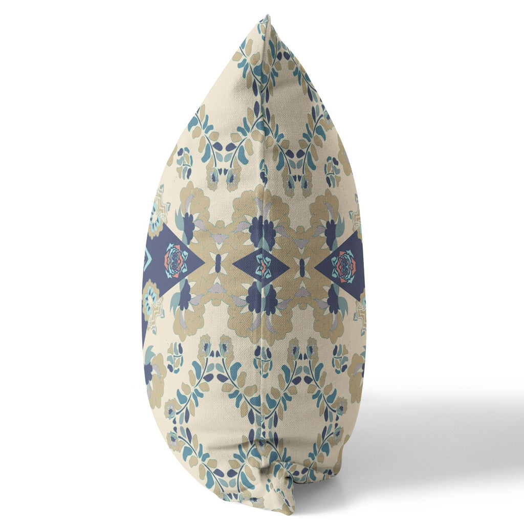 16" X 16" Cream And Blue Broadcloth Floral Throw Pillow