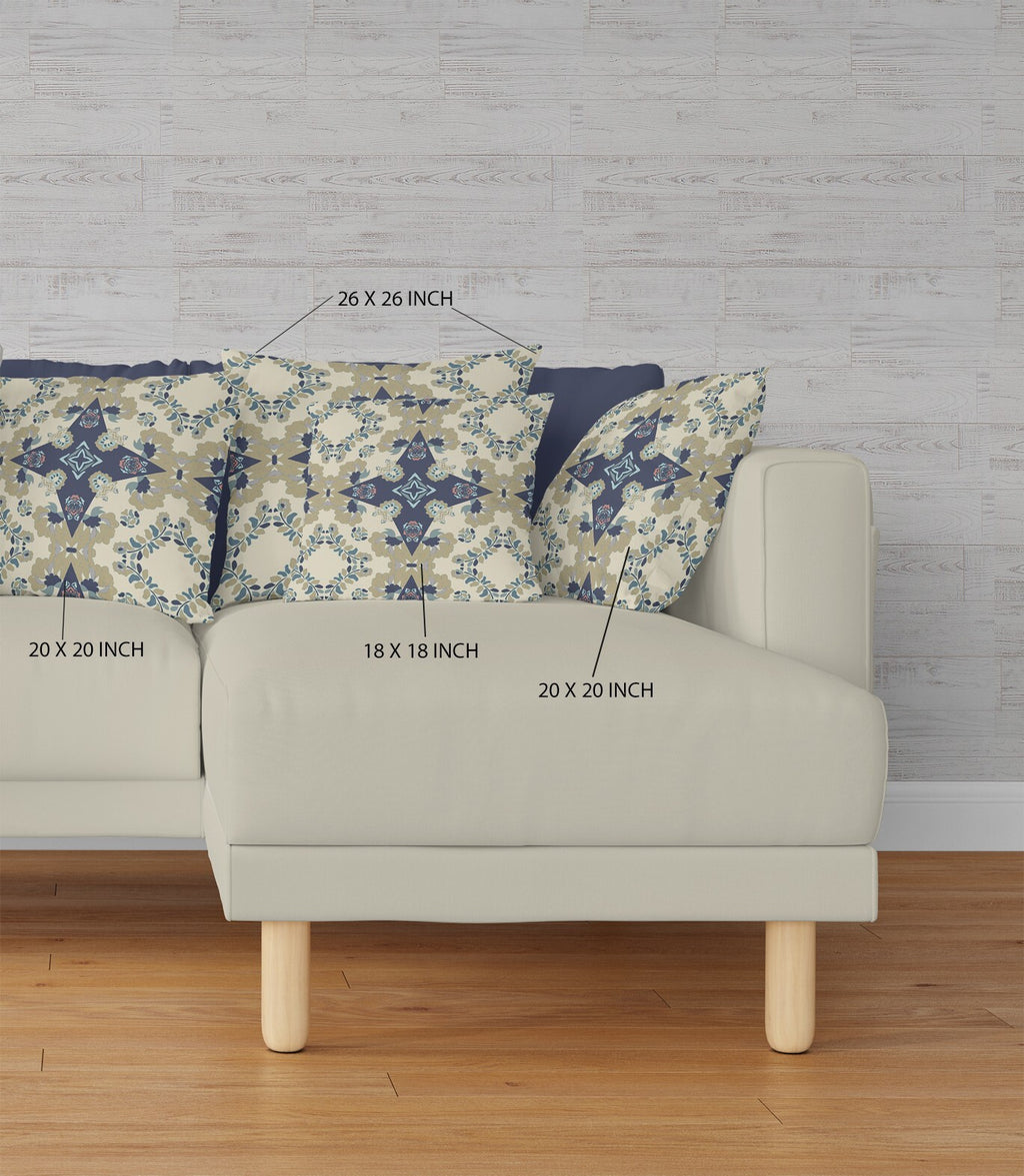 16" X 16" Cream And Blue Broadcloth Floral Throw Pillow