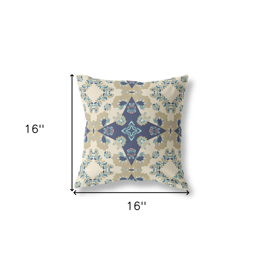 16" X 16" Cream And Blue Broadcloth Floral Throw Pillow