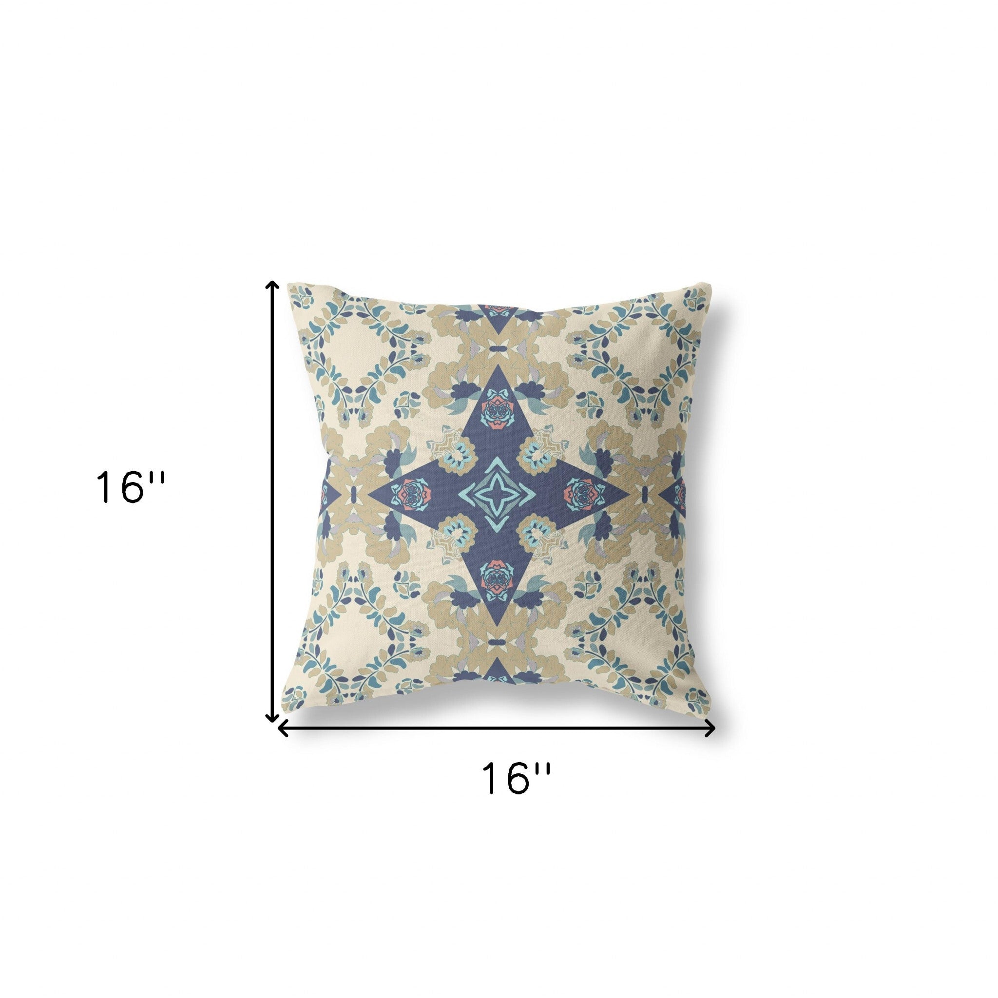 16" X 16" Cream And Blue Broadcloth Floral Throw Pillow