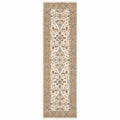 2' X 8' Ivory And Gold Oriental Power Loom Stain Resistant Runner Rug With Fringe