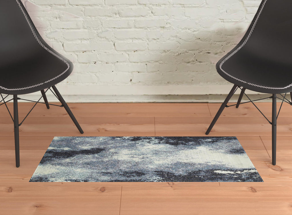 2' X 3' Blue and Ivory Abstract Power Loom Area Rug