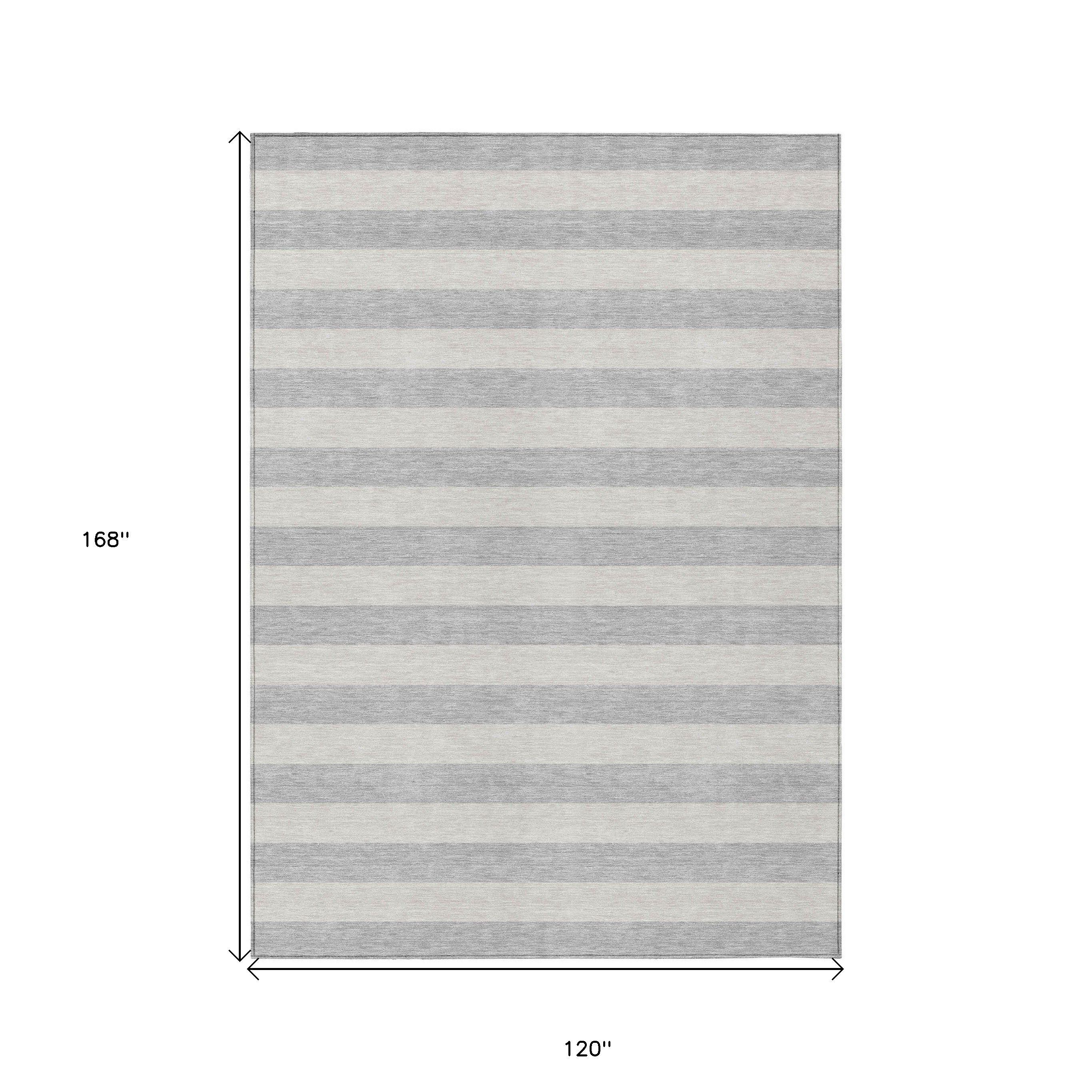10' X 14' Gray and Ivory Striped Washable Non Skid Indoor Outdoor Area Rug
