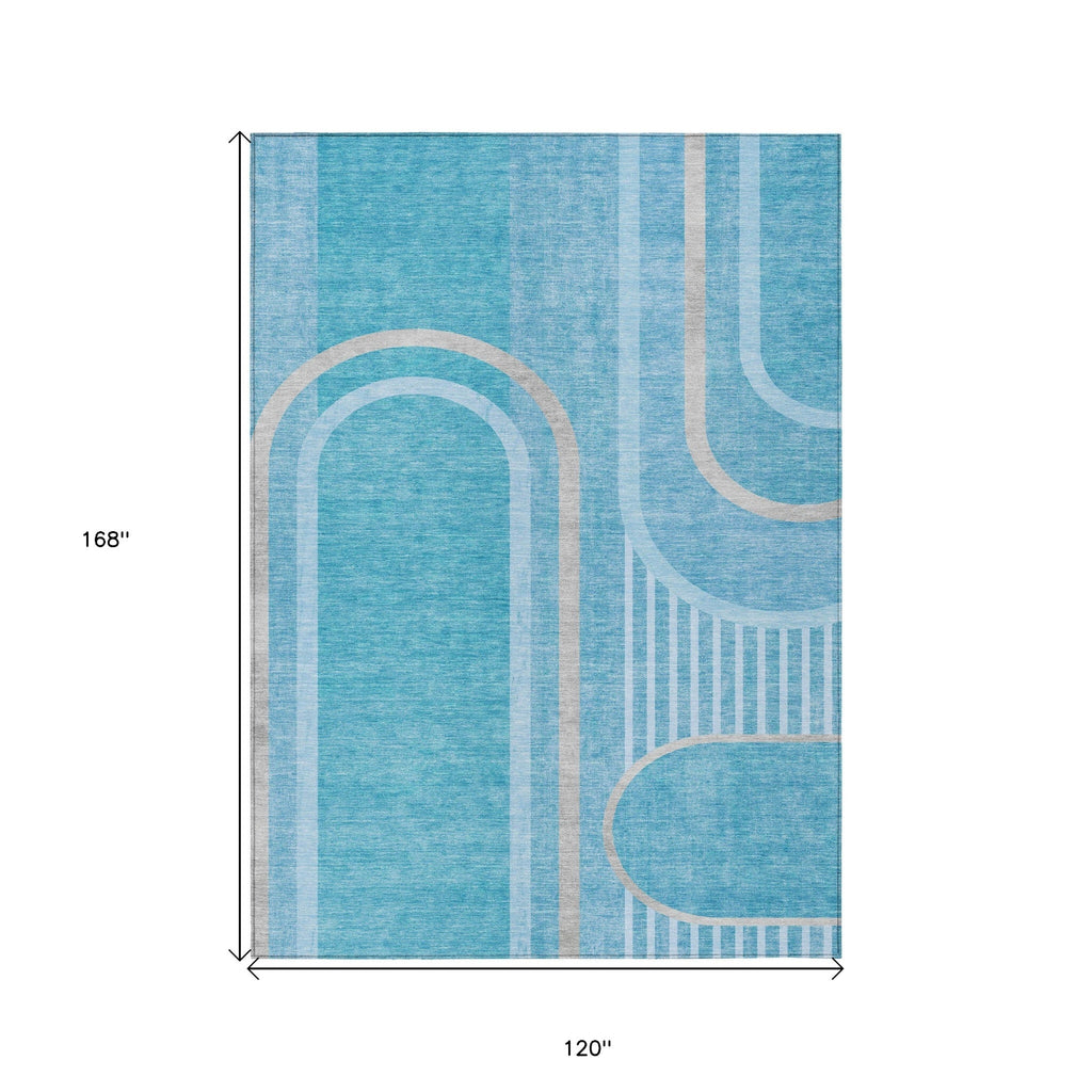 10' X 14' Teal Abstract Washable Indoor Outdoor Area Rug