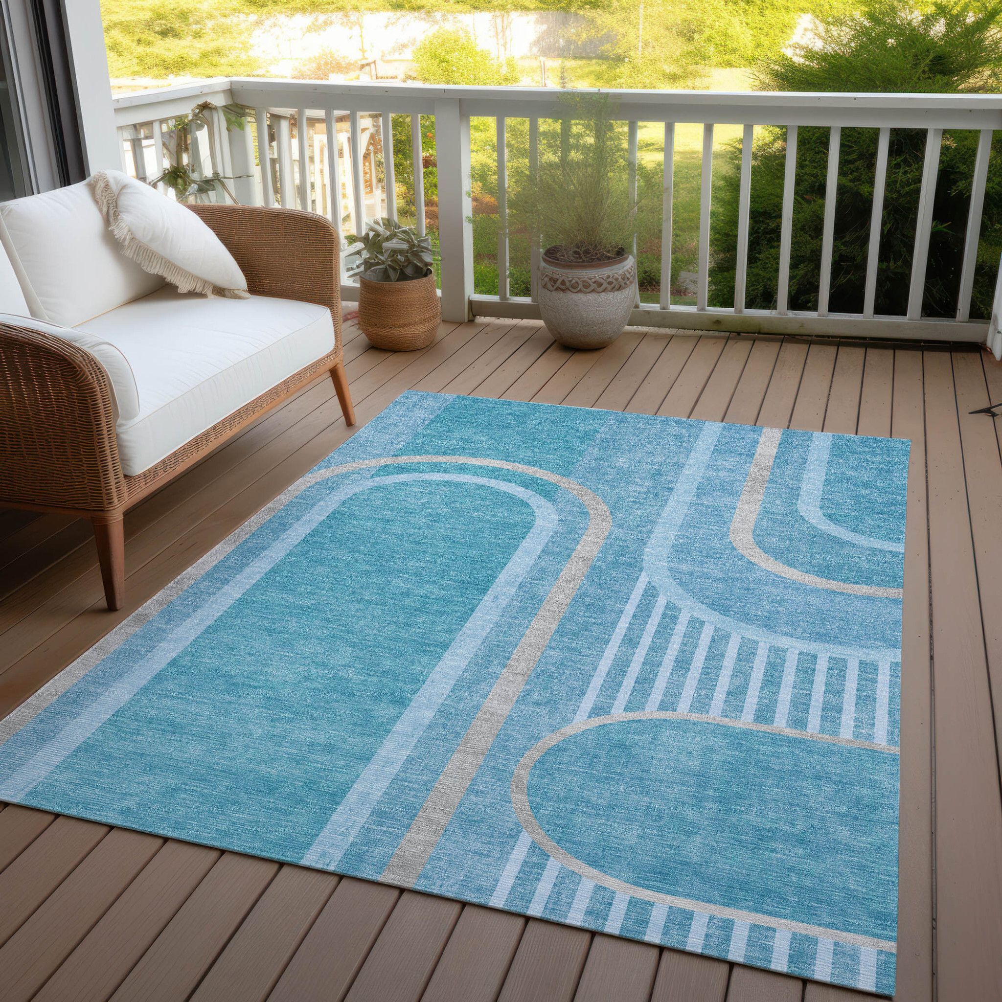 10' X 14' Teal Abstract Washable Indoor Outdoor Area Rug