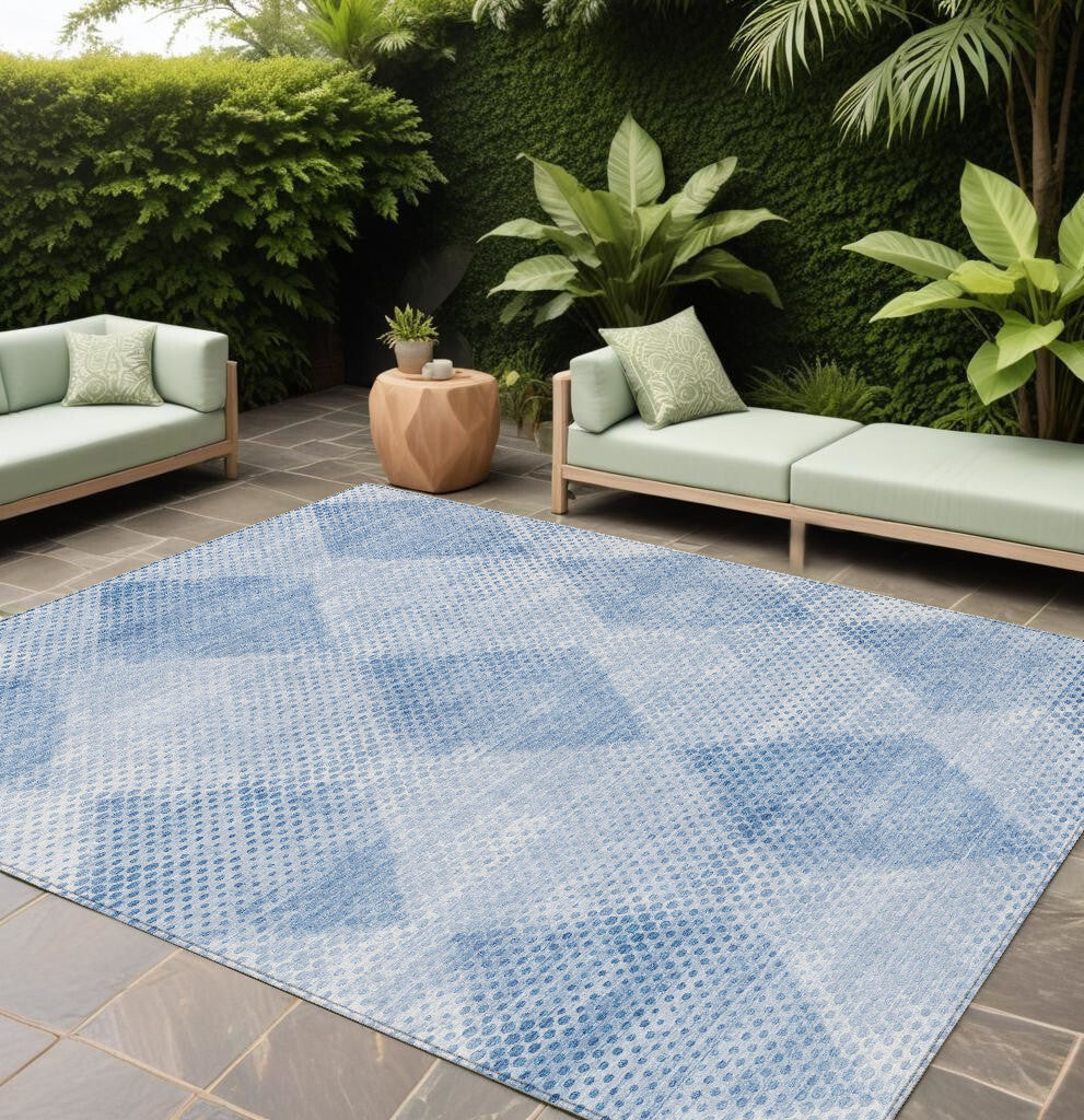 10' X 14' Blue Geometric Washable Non Skid Indoor Outdoor Area Rug
