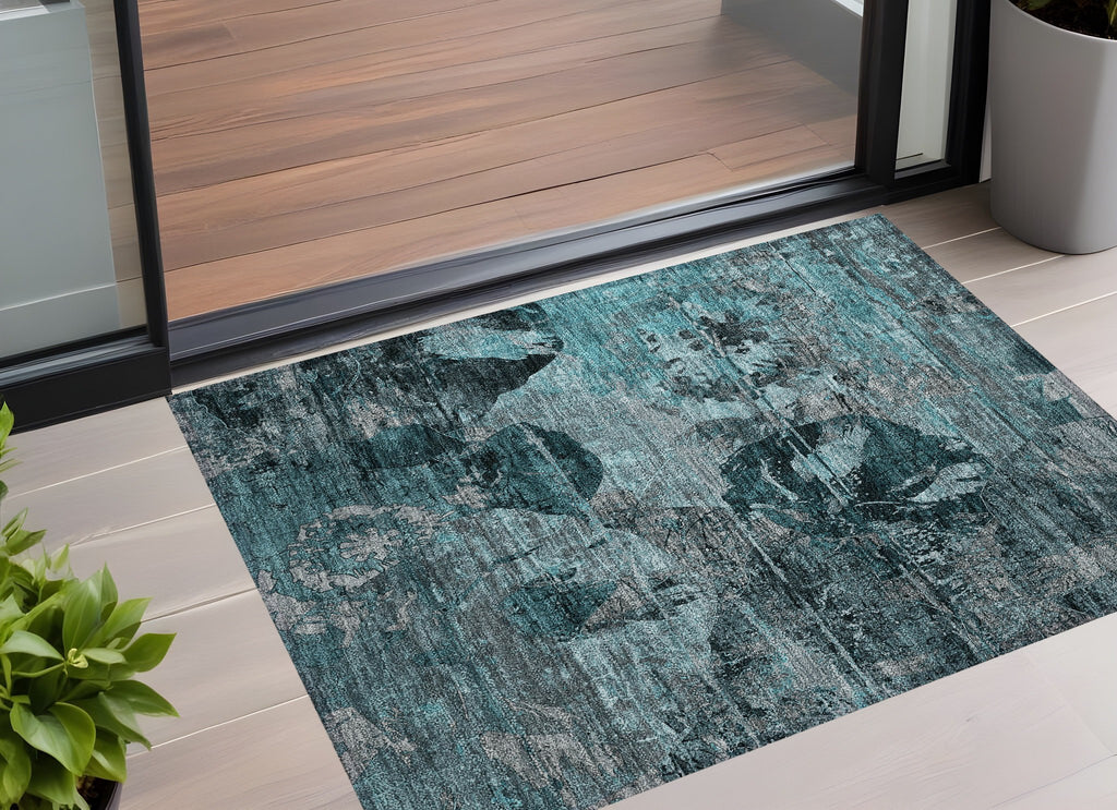 3' X 5' Teal and Gray Floral Washable Non Skid Indoor Outdoor Area Rug