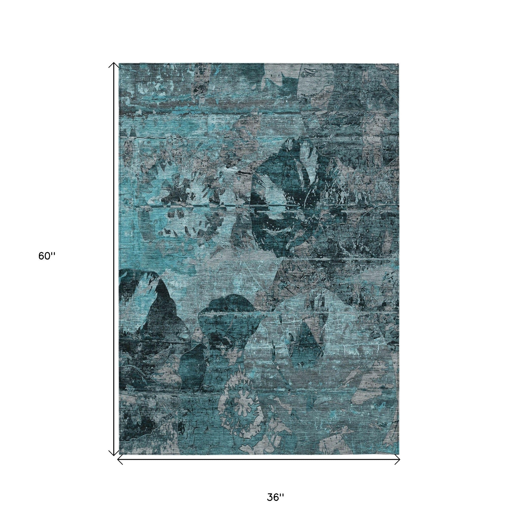 3' X 5' Teal and Gray Floral Washable Non Skid Indoor Outdoor Area Rug