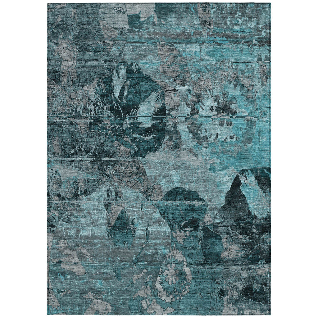3' X 5' Teal and Gray Floral Washable Non Skid Indoor Outdoor Area Rug