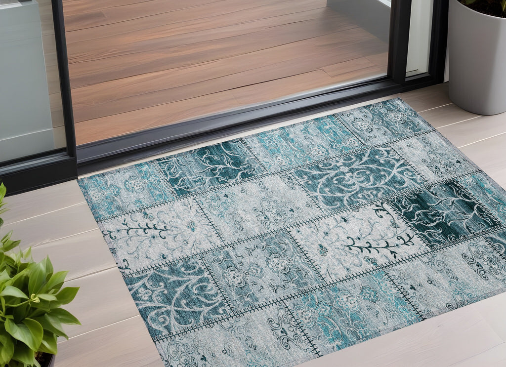 3' X 5' Teal Patchwork Washable Non Skid Indoor Outdoor Area Rug