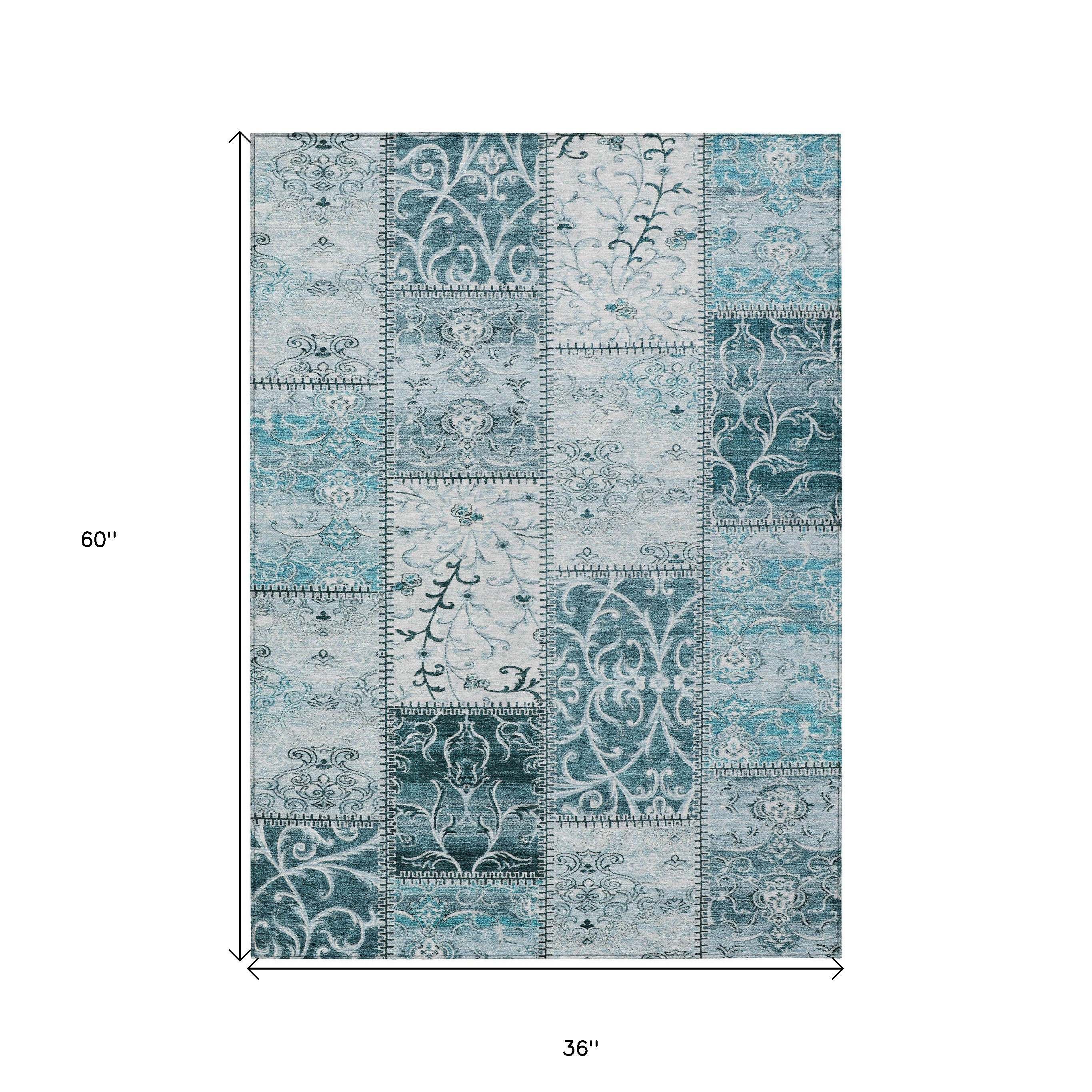 3' X 5' Teal Patchwork Washable Non Skid Indoor Outdoor Area Rug