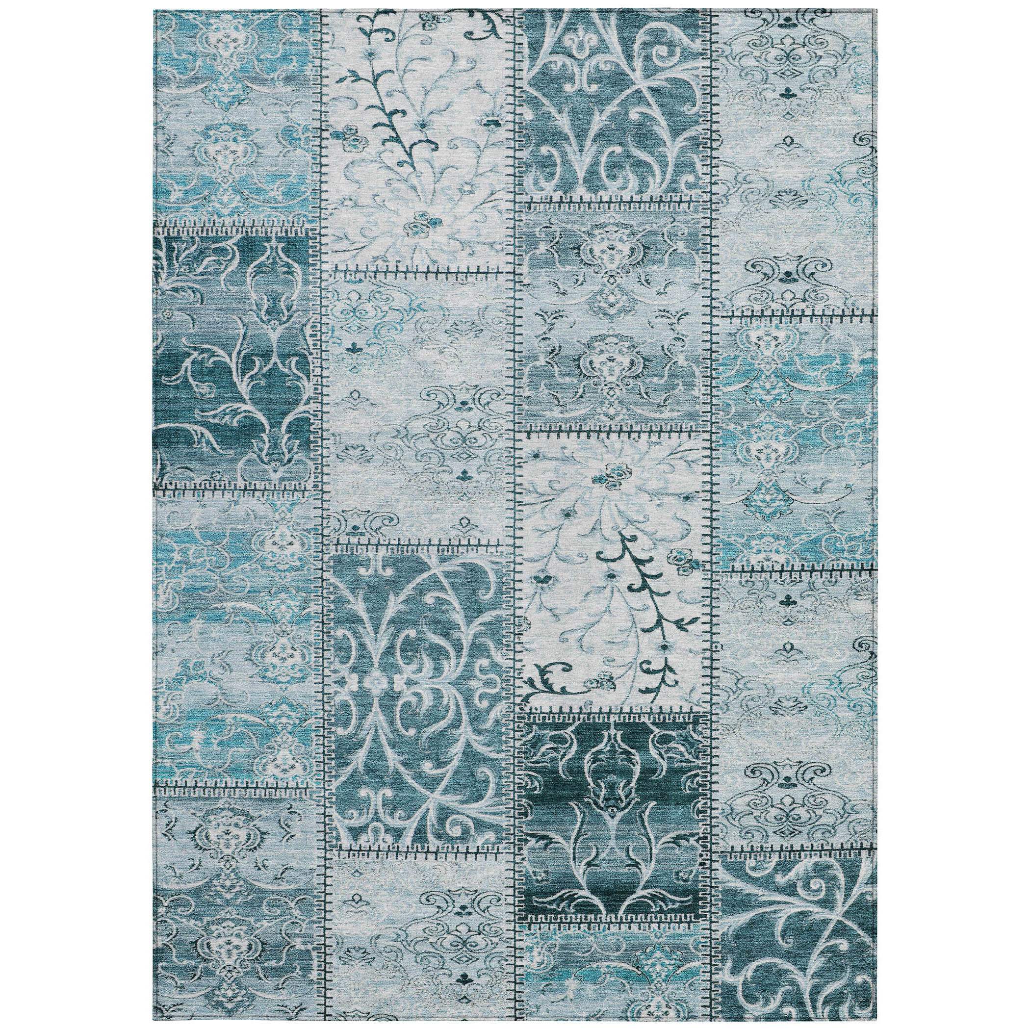 3' X 5' Teal Patchwork Washable Non Skid Indoor Outdoor Area Rug