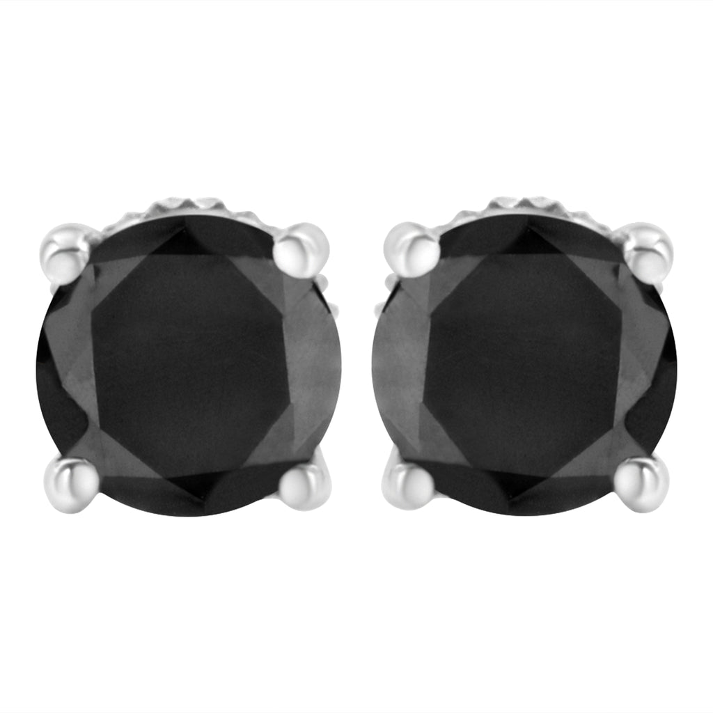 14K White Gold 3.00 Cttw Round Brilliant-Cut Black Diamond Classic 4-Prong Stud Earrings with Screw Backs (Fancy Color-Enhanced, I2-I3 Clarity)