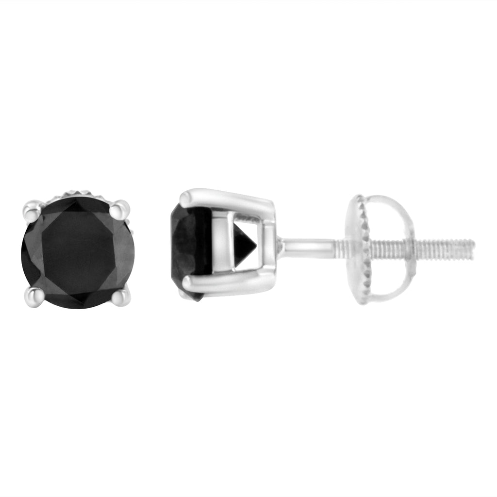 14K White Gold 3.00 Cttw Round Brilliant-Cut Black Diamond Classic 4-Prong Stud Earrings with Screw Backs (Fancy Color-Enhanced, I2-I3 Clarity)