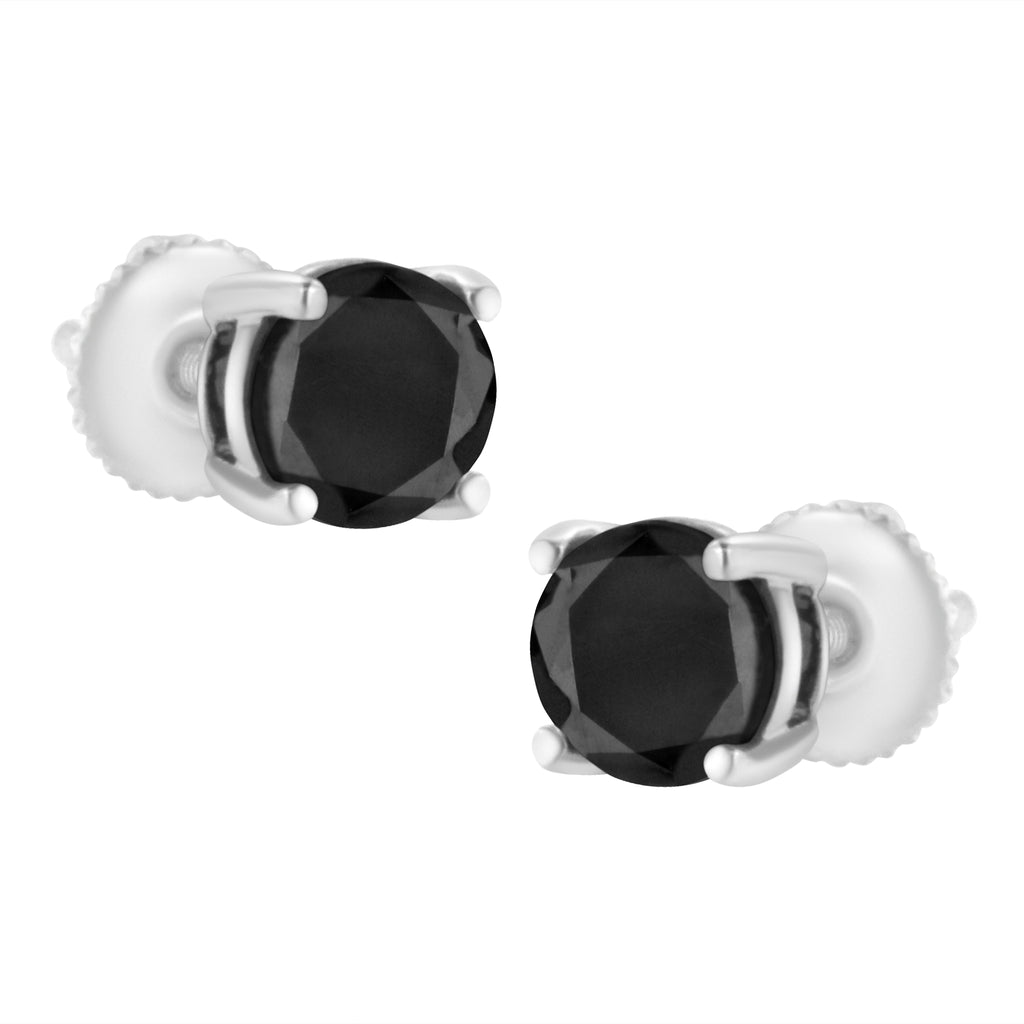 14K White Gold 3.00 Cttw Round Brilliant-Cut Black Diamond Classic 4-Prong Stud Earrings with Screw Backs (Fancy Color-Enhanced, I2-I3 Clarity)