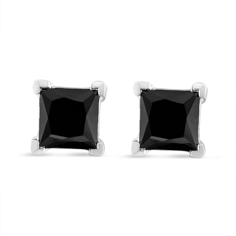 14K White Gold 2.00 Cttw Princess-Cut Treated Black Diamond Classic 4-Prong Stud Earrings with Screw Backs (Fancy Color-Enhanced, I2-I3 Clarity)