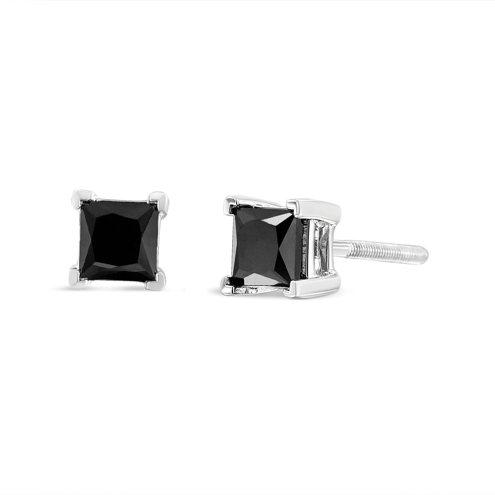 14K White Gold 2.00 Cttw Princess-Cut Treated Black Diamond Classic 4-Prong Stud Earrings with Screw Backs (Fancy Color-Enhanced, I2-I3 Clarity)