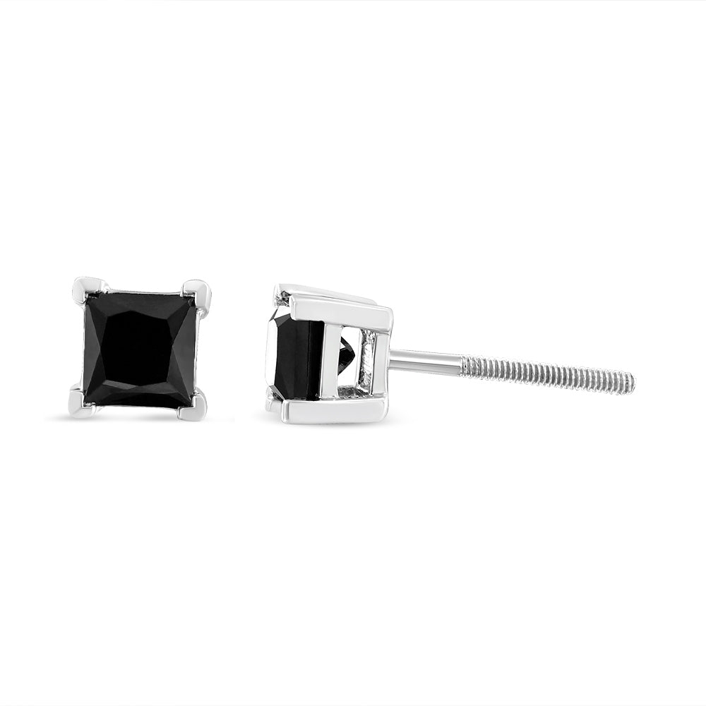 14K White Gold 2.00 Cttw Princess-Cut Treated Black Diamond Classic 4-Prong Stud Earrings with Screw Backs (Fancy Color-Enhanced, I2-I3 Clarity)