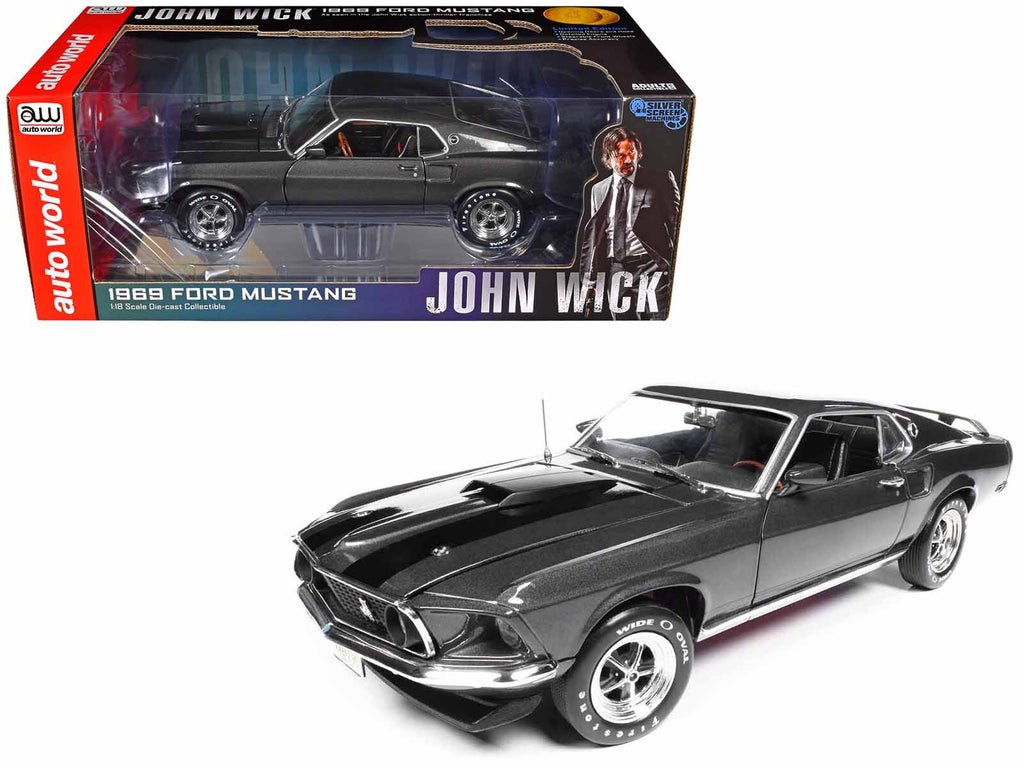 1969 Ford Mustang Dark Gray Metallic with Black Stripes "John Wick" (2014) Movie "Silver Screen Machines" Series 1/18 Diecast Model Car by Auto World