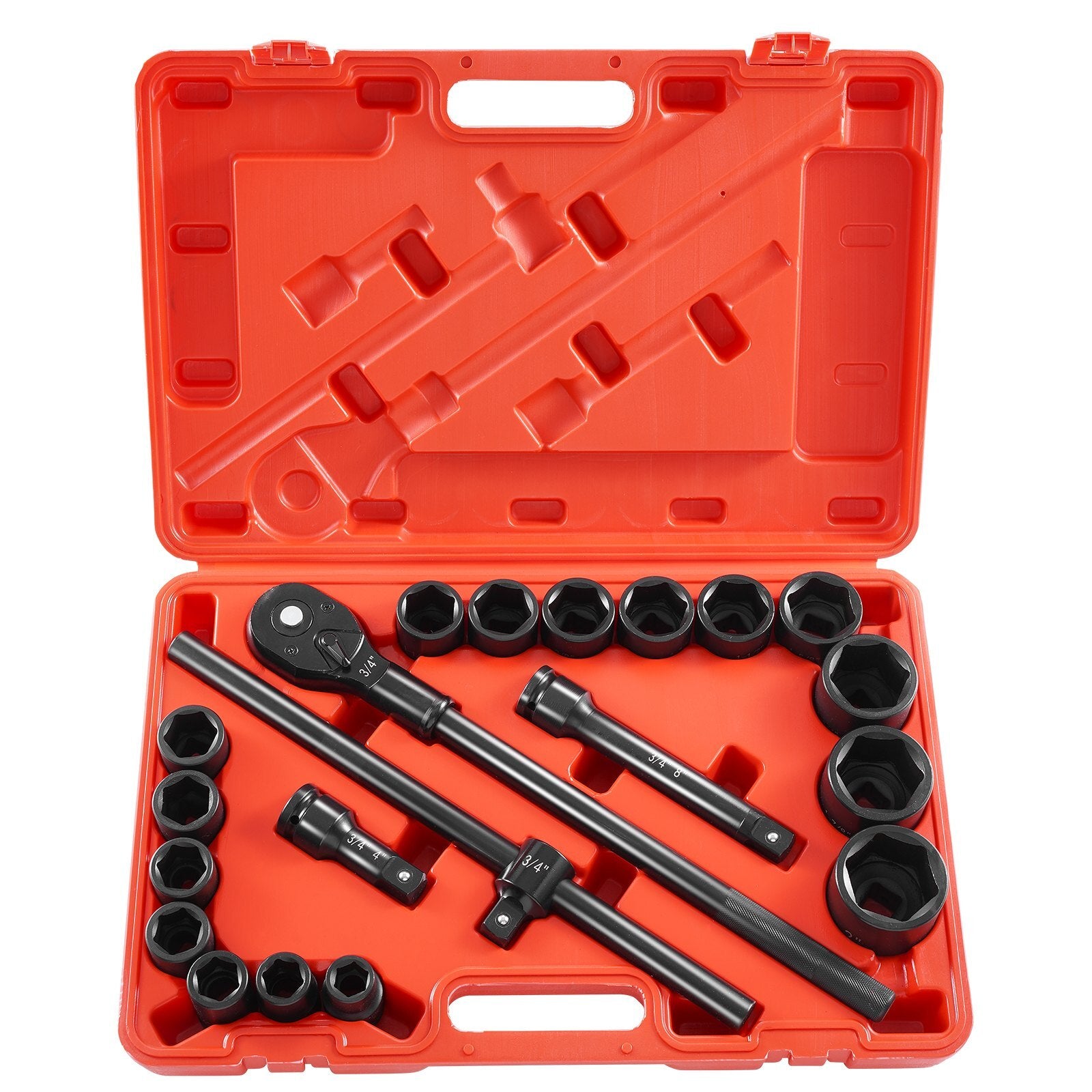 3/4 in Drive Impact Socket Set, 21 Pieces SAE 3/4 in to 2 in, 6 Point Cr-V Alloy Steel for Auto Repair, Easy-to-Read Size Markings, Includes Extension Bars, Ratchet Handle and Storage Case