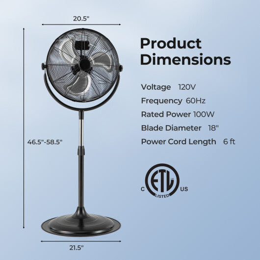 18 Inches High Velocity Pedestal Fan with 3 Speeds and Adjustable Height-Black - Color: Black